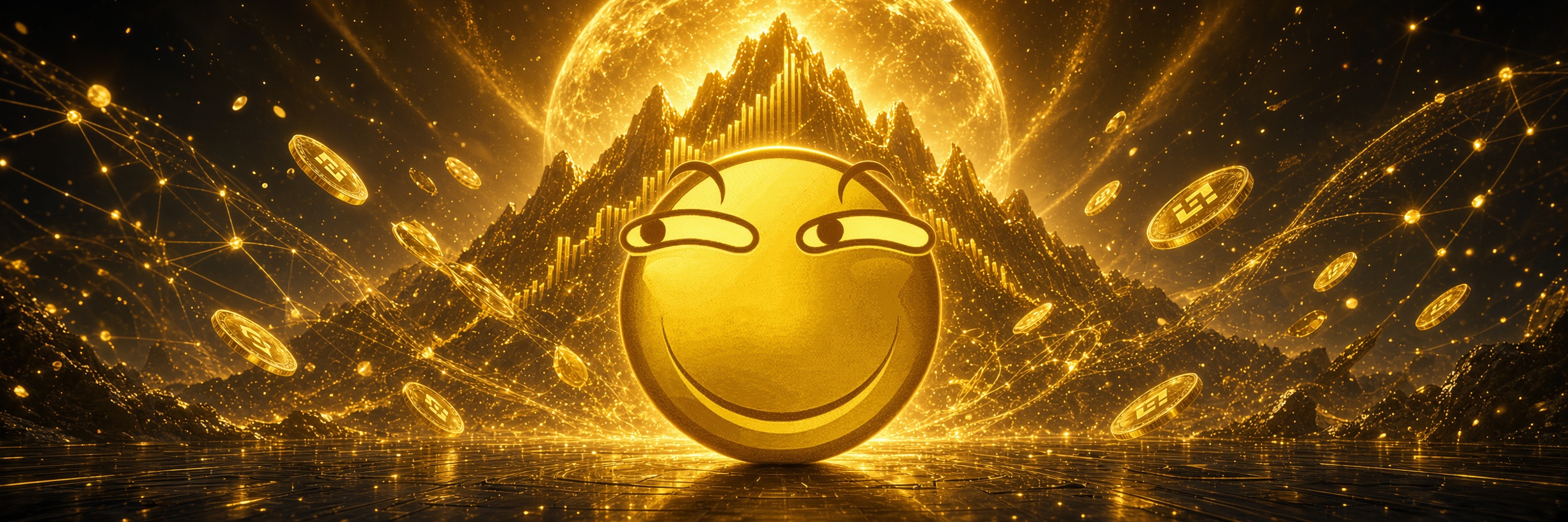 滑稽币standing on gold rocks with BNB coins and the Binance city skyline